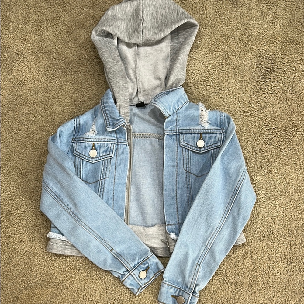 Kids Light Blue Denim Jacket with Gray Hoodie